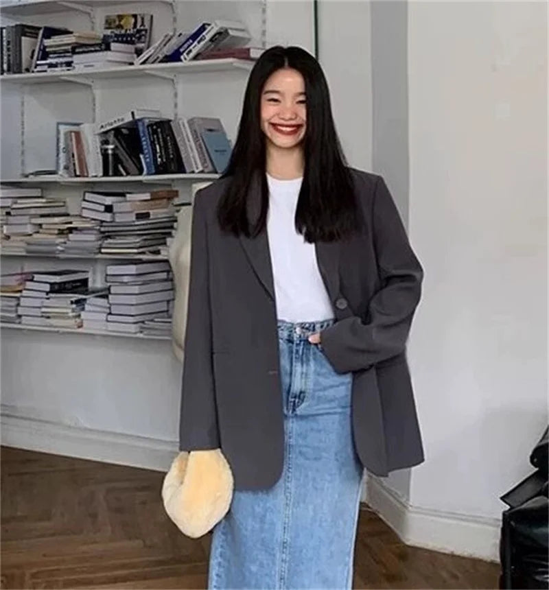 Back Slit Design Blazer Coat For Women Casual Korean Streetwear Chic Long Sleeve