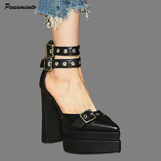 Runway style 15cm Ultra High heels Platform Wedges Women Pumps Fashion Rivet Ankle Strap Thick Heeled Spring Summer Chunky Shoes