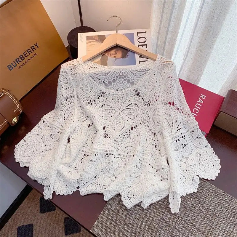 2024 Summr New Versatile Retro Sweet Lace Cut-out Crochet Shawl Cropped Top Summer Three Quarter-sleeve Hollow Out Top