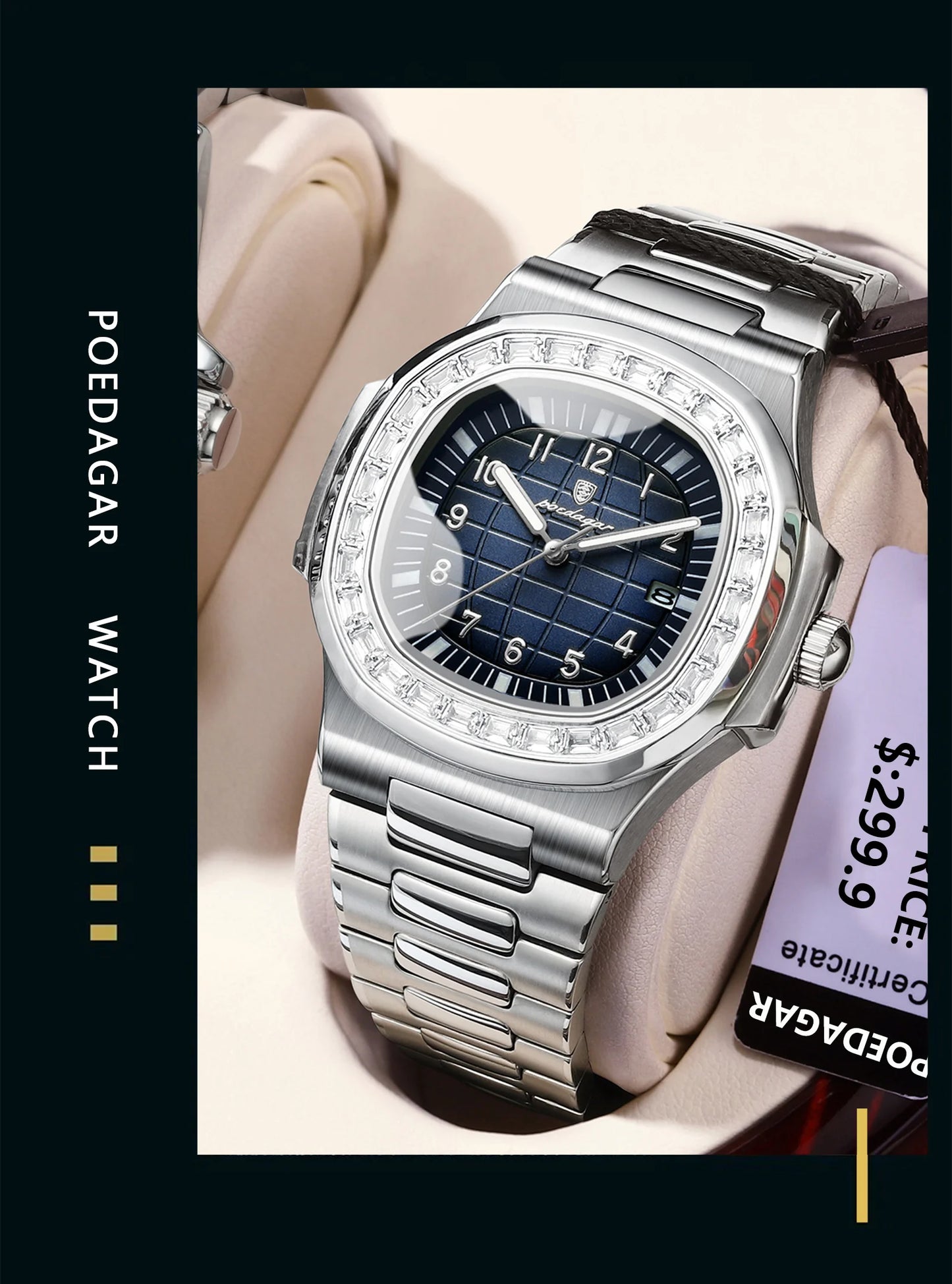 POEDAGAR Luxury Square Man Watches Waterproof Luminous Date Men Wristwatch Casual Male Clock Stainless Steel Men's Quartz Watch