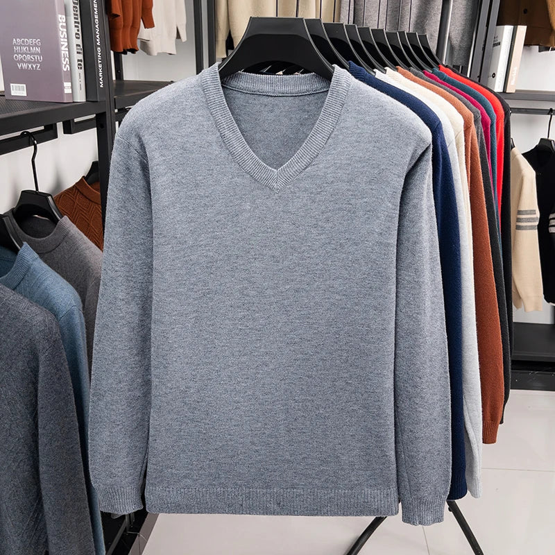 2026 Men's V-Neck Basic Solid Color Sweatshirt Warm Autumn Knitted Oversize Pullover Elastic round Neck Sweater for Casual Wear BAZAARHUBO