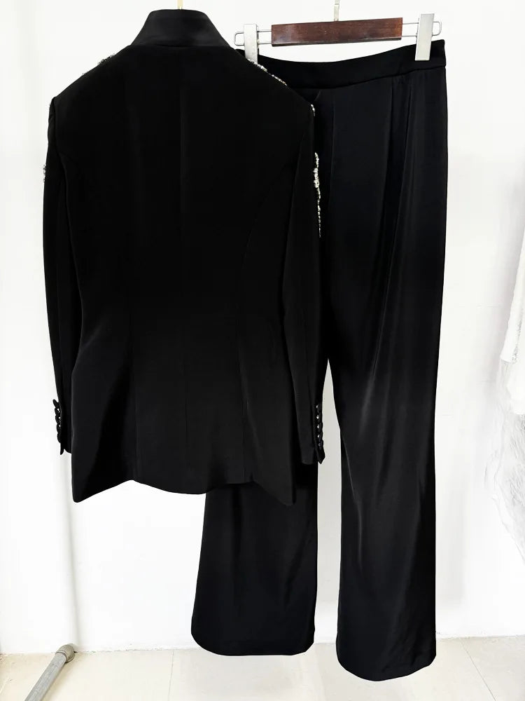 HIGH STREET Newest 2026 Designer Suit Women Beaded Diamonds Stand Collar Single Button Blazer Wide-leg Pants Set 2PCS