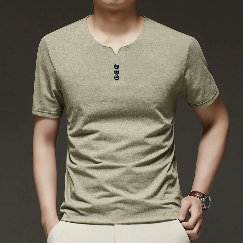 2025 New Men's Business Casual Three Button V-neck Short Sleeved T-shirt Korean Style Summer Comfortable Versatile Top