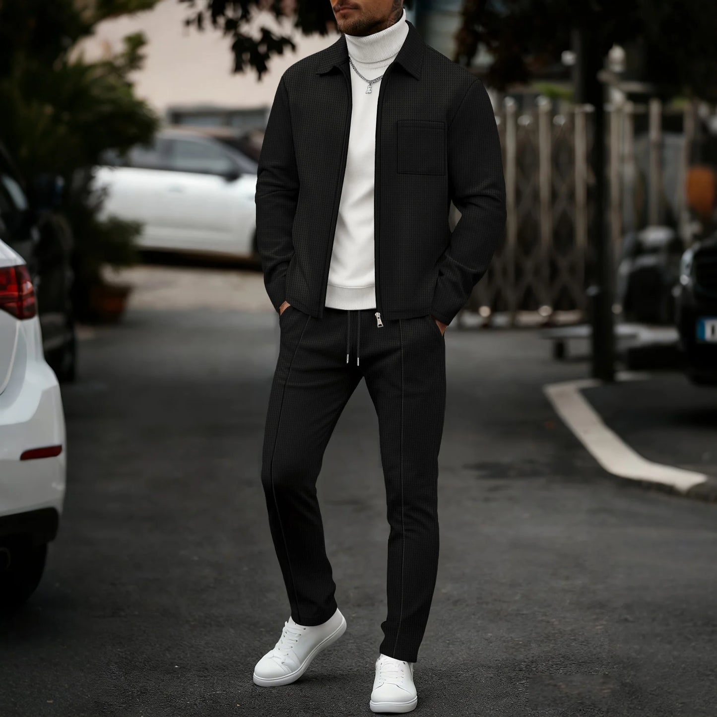 Mens Casual 2 Piece Set Waffle Texture Zip Up Jacket + Elastic Waist Trousers Comfortable Lightweight Suit for All