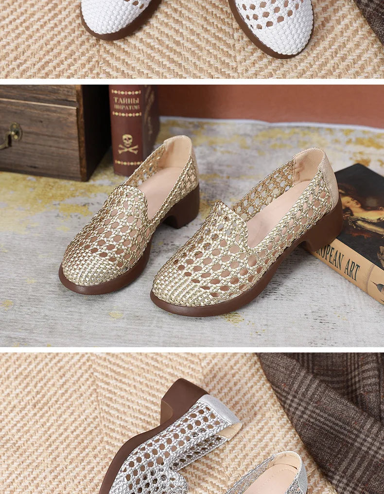 Summer Hollow Woven Breathable Shoes Women Sandals Big Size Thick Heels Genuine Leather Shoes Summer Casual Sandals