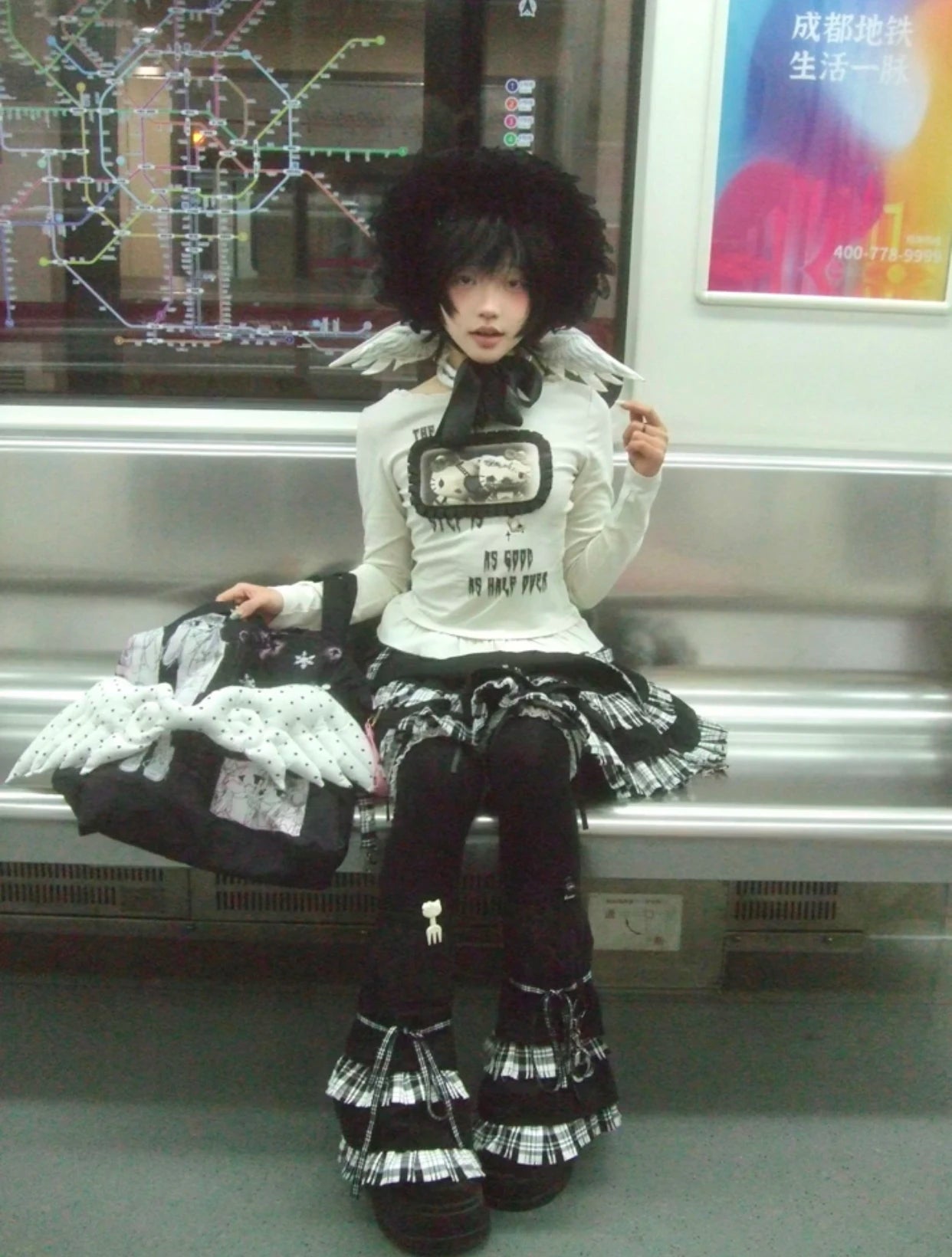 Karrram Japanese Y2k Anime Print T-shirt Trashy 2000s Style Long Sleeve T Shirt Vintage Harajuku Lace Patchwork Tops Grunge 90s