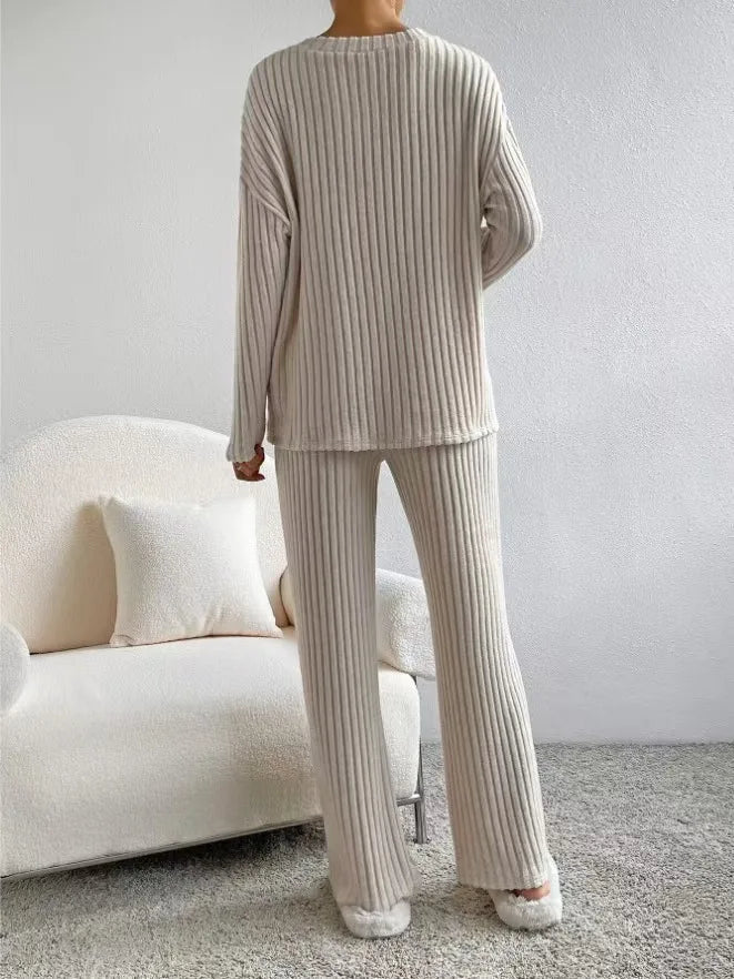 Fashionable Knitted Two-Piece Set Casual V-Neck Long Pants Autumn Winter New Style Loose Fit Korean Style Comfortable Polyester