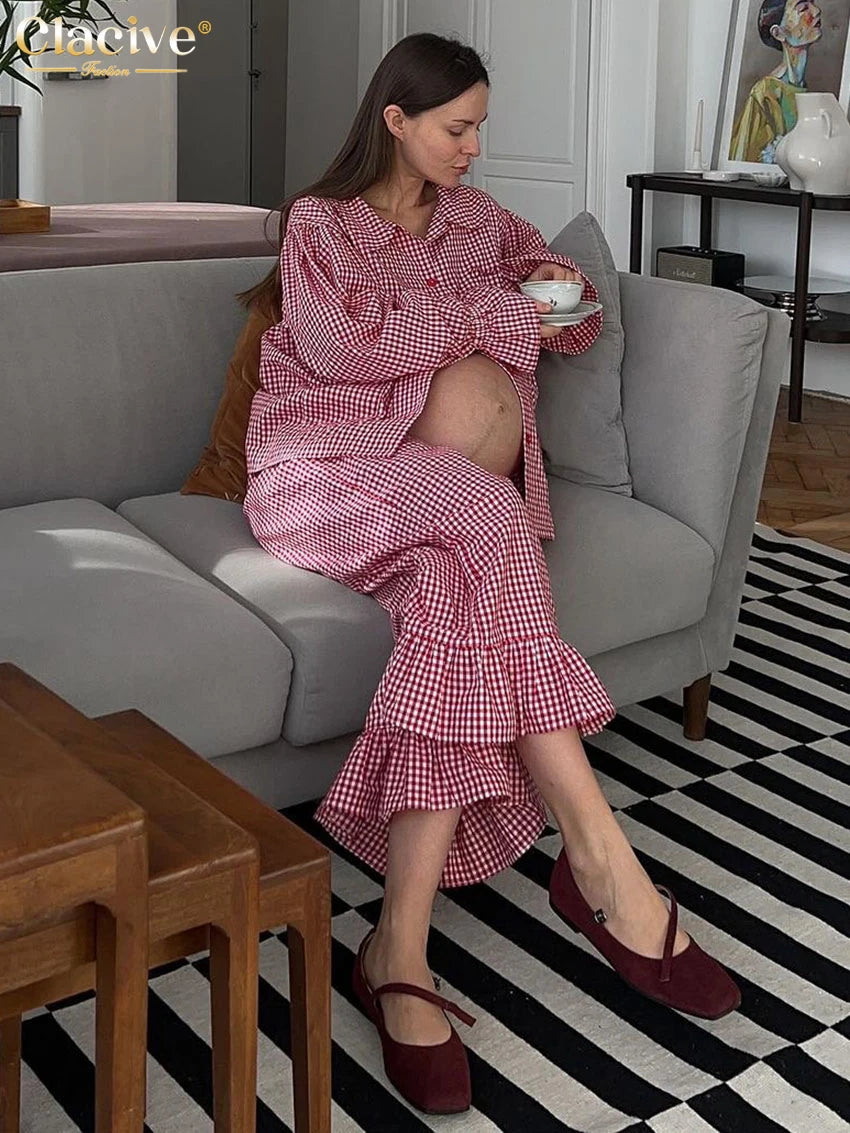 Clacive Fashion Loose Plaid Cotton Women's 3 Pieces Set 2025 Elegant Long Sleeve Shirt With High Wiast Wide Pants Set Female