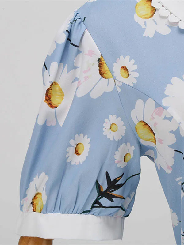 Women Vintage Dress Floral Print Peter pan Collar Elegant Party Dress Puff Short Sleeve Pin Up 50s Party Sundress 3XL