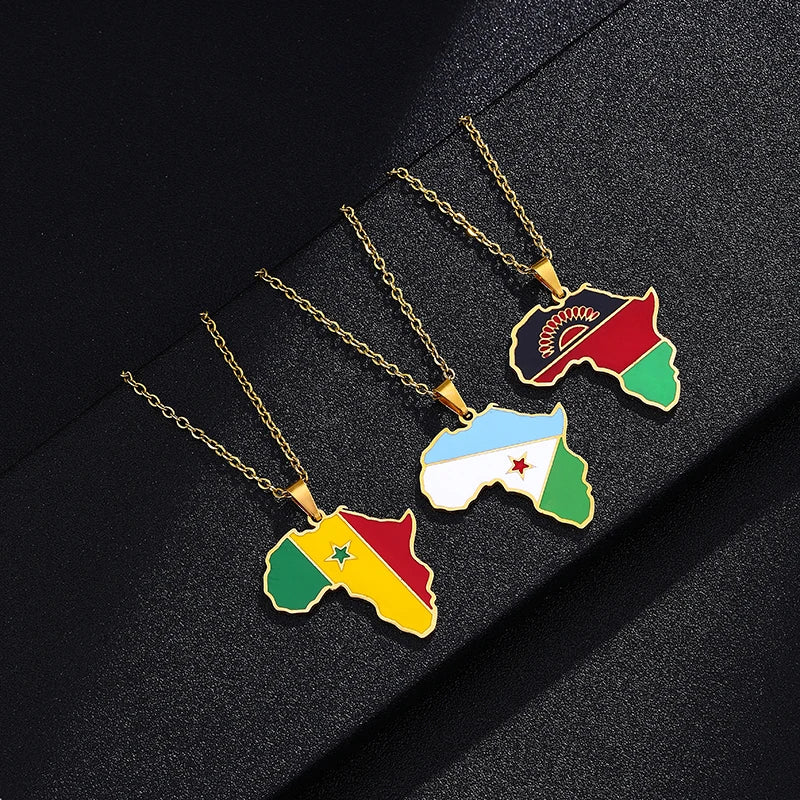 African Map Flag Pendant Necklace Stainless Steel Men Women Rwanda Sudan Uganda Zimbabwe Zambia Ethnic Maps Jewelry Gift
