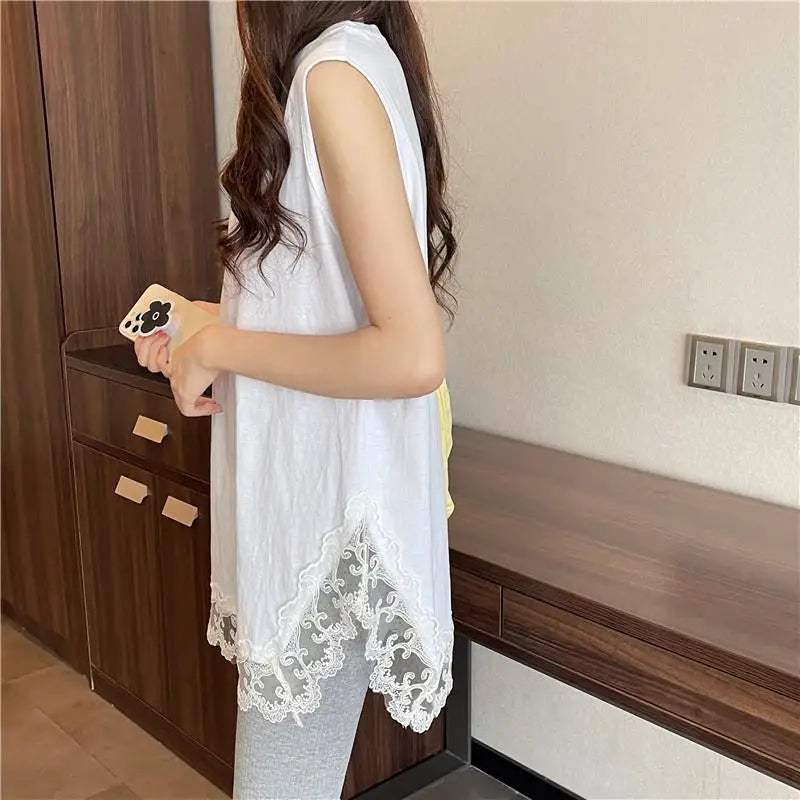 White Tanks Women Solid Lace Sleeveless Loose Tops Leisure Daily Korean Fashion Ins Harajuku Summer Simple 3XL Trendy Basics