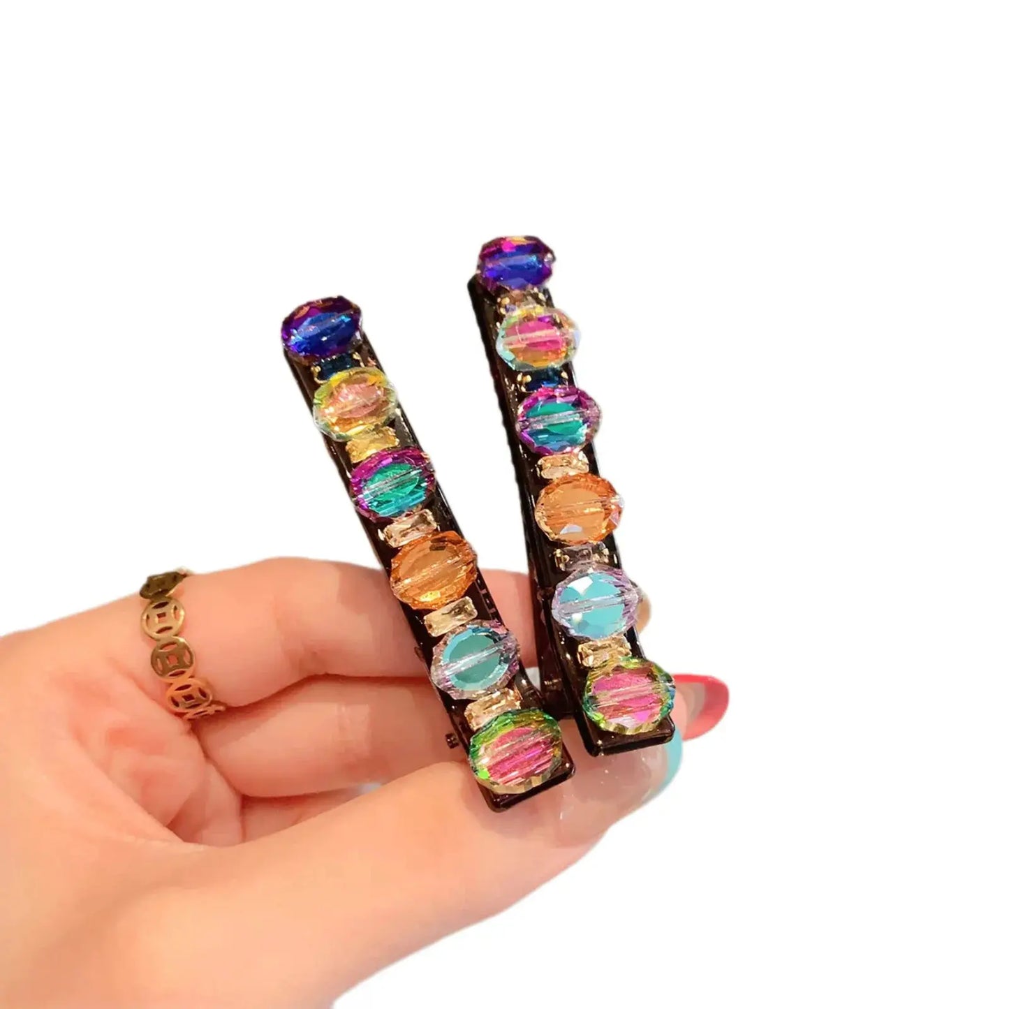 2Pcs Colorful Rhinestone Side Hair Clips for Women, Exquisite Light Luxury & Fashionable Versatile Design, High-End Bangs & Flya