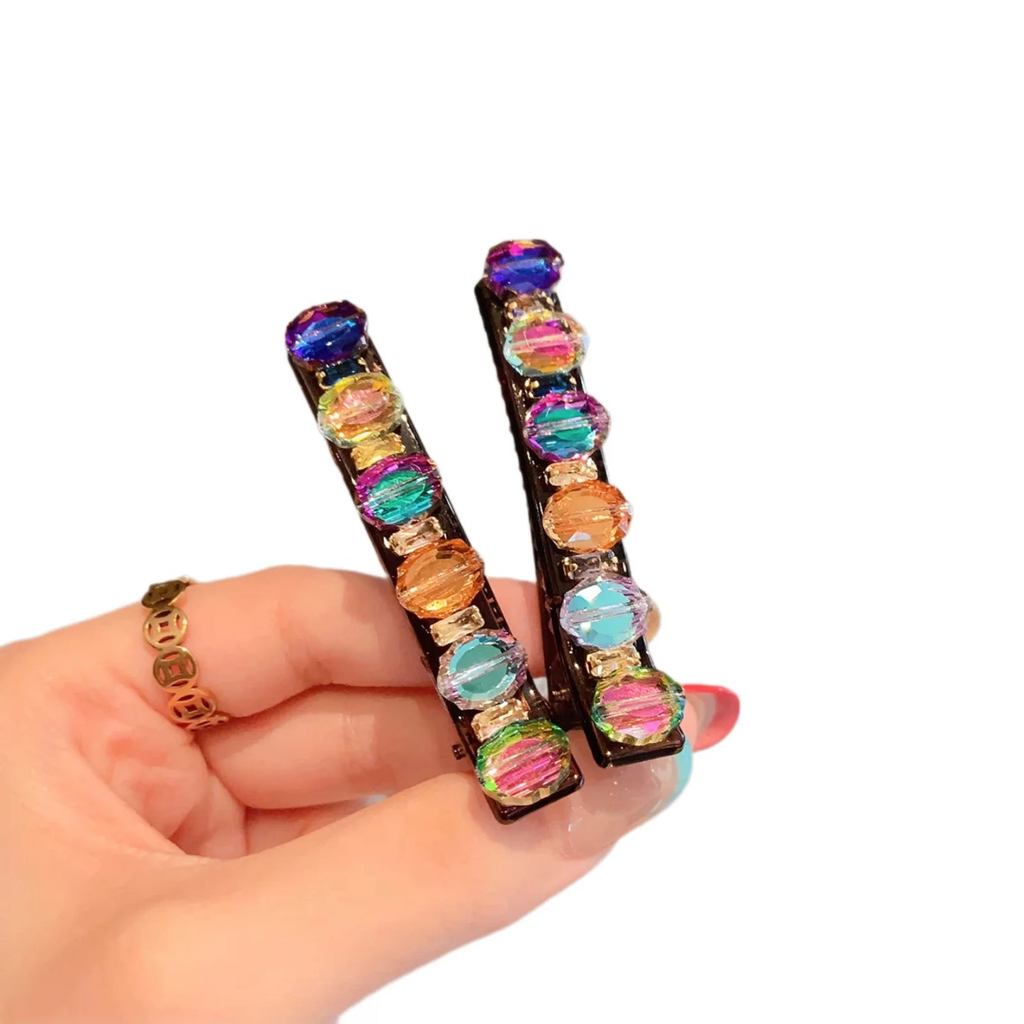 2Pcs Colorful Rhinestone Side Hair Clips for Women, Exquisite Light Luxury & Fashionable Versatile Design, High-End Bangs & Flya BAZAARHUBO