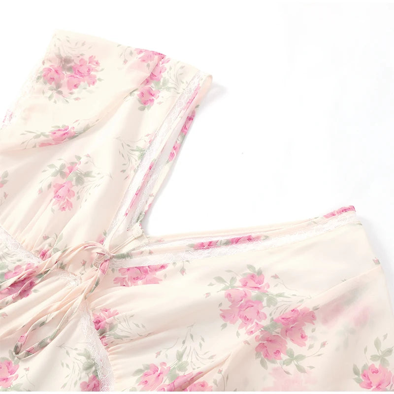 Women Elegant Printed Fishtail Dress Sexy V-neck Short Sleeve Waist-cinching Pleated Slim Maxi Dresses 2026 Lady Vacation Robe