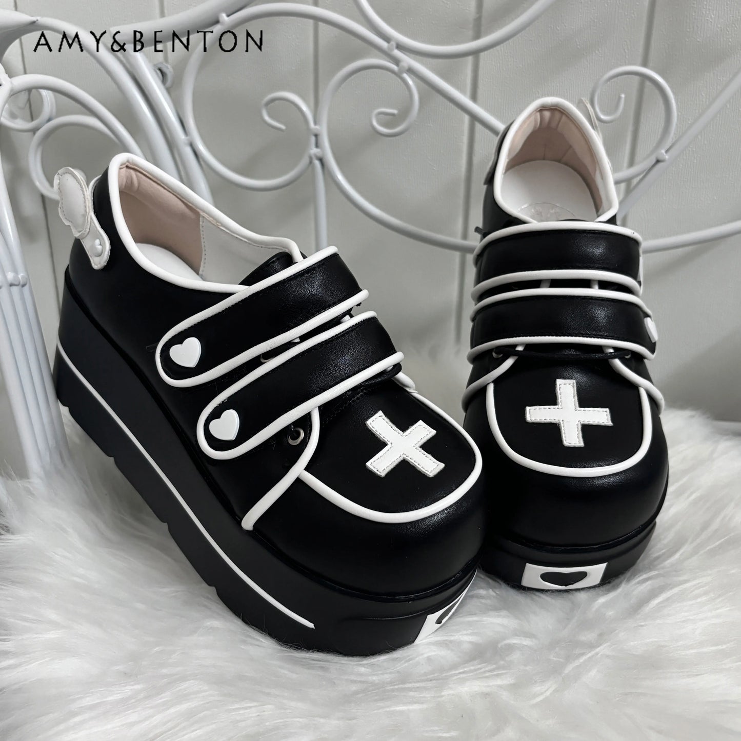 Original Japanese Cute Cross Print Thick-soled Muffin Shoes Subculture Sweet Cool Girl Round Head Pu Leather High Heels Women