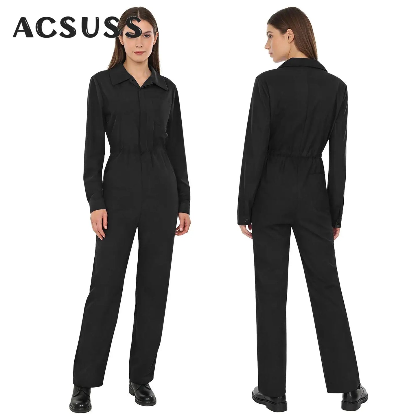 Womens Coverall Solid Color Turn-Down Collar Long Sleeve Button Jumpsuit Mechanic Work Overalls Fashion Casual Cargo Rompers