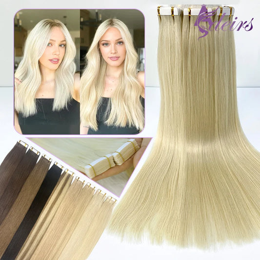 ADEIRS Straight Tape In Human Hair Extensions 100% Real Hair Extensions 16"-24" Black Brown Blonde #613 Invisible Tape In