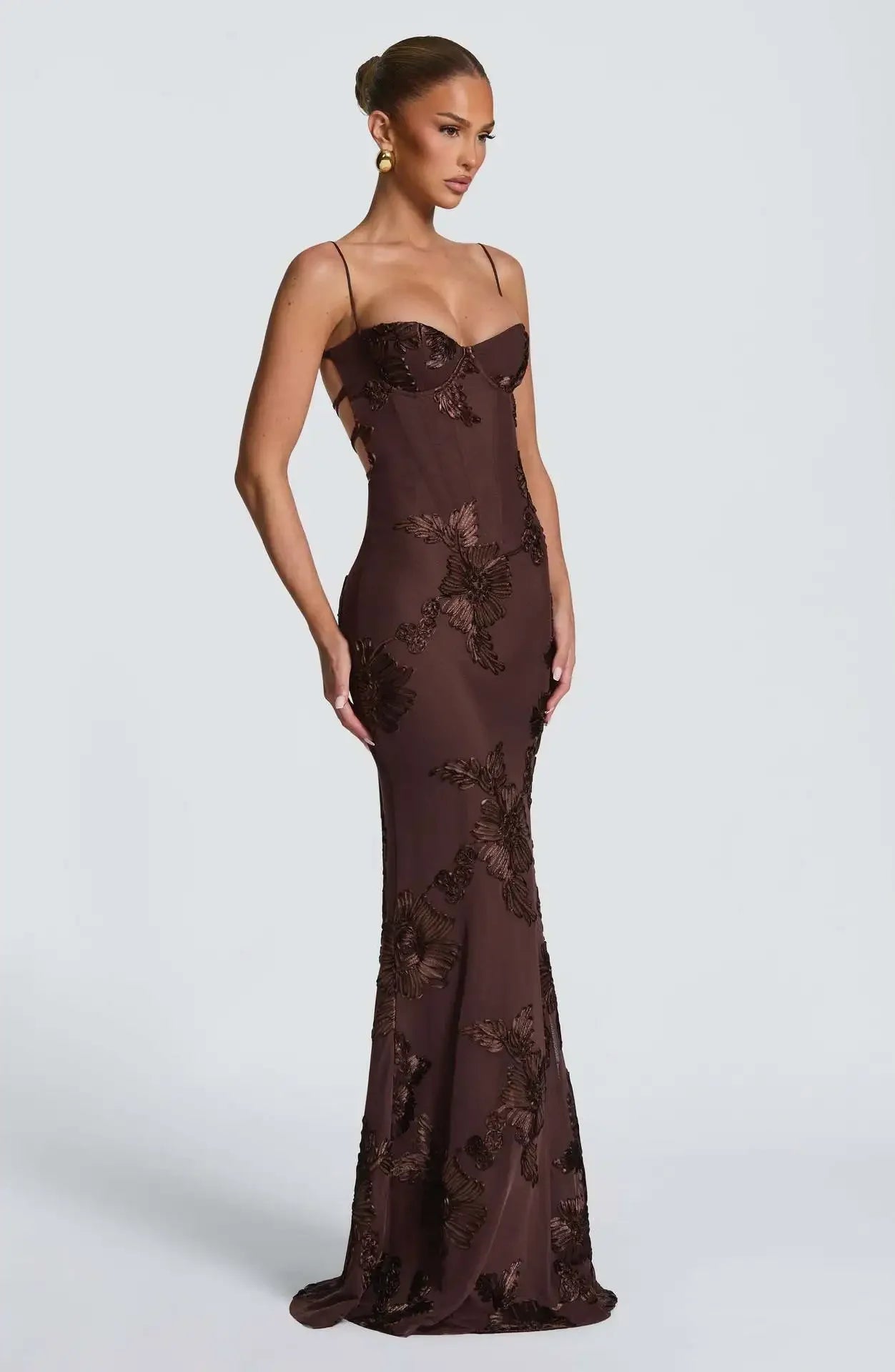 Elegant Women 3d Embroidery Floral Long Dress Women Backless Cross Tied Spaghetti Strap Robe Slim Floor Length Evening Dresses