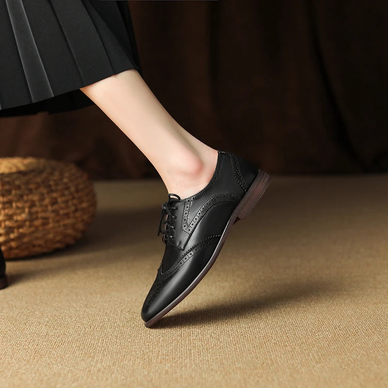 Women's New Round Head Burnt Flower Inner and Outer Leather Cowhide Lace up Large Low Heel Block Oxford Shoes