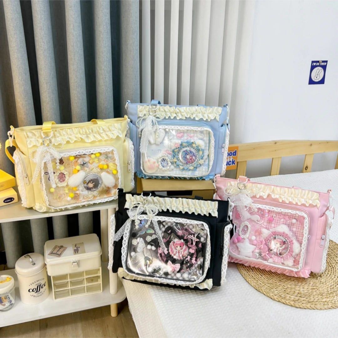 Sweet Lolita Single Shoulder Crossbody Bag Transparent Window Lace Ruffles Anime Badge Display Bag for Women
