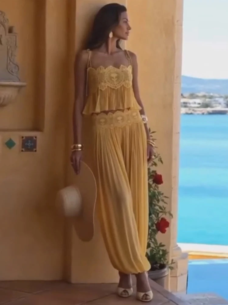 Sheer Layers Lace Stitching Solid Women's Suit Sling Mini Top High Waist Loose Long Skirt Fashion 2026 Summer New Beach Lady Set