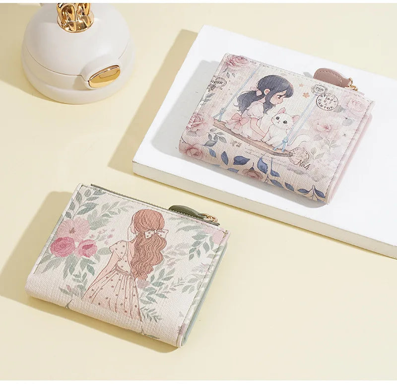 Baellerry Cute Cartoon Girl Wallet PU Leather Card Holder Coin Purse Photo Album for Students Birthday Gift for Daughters