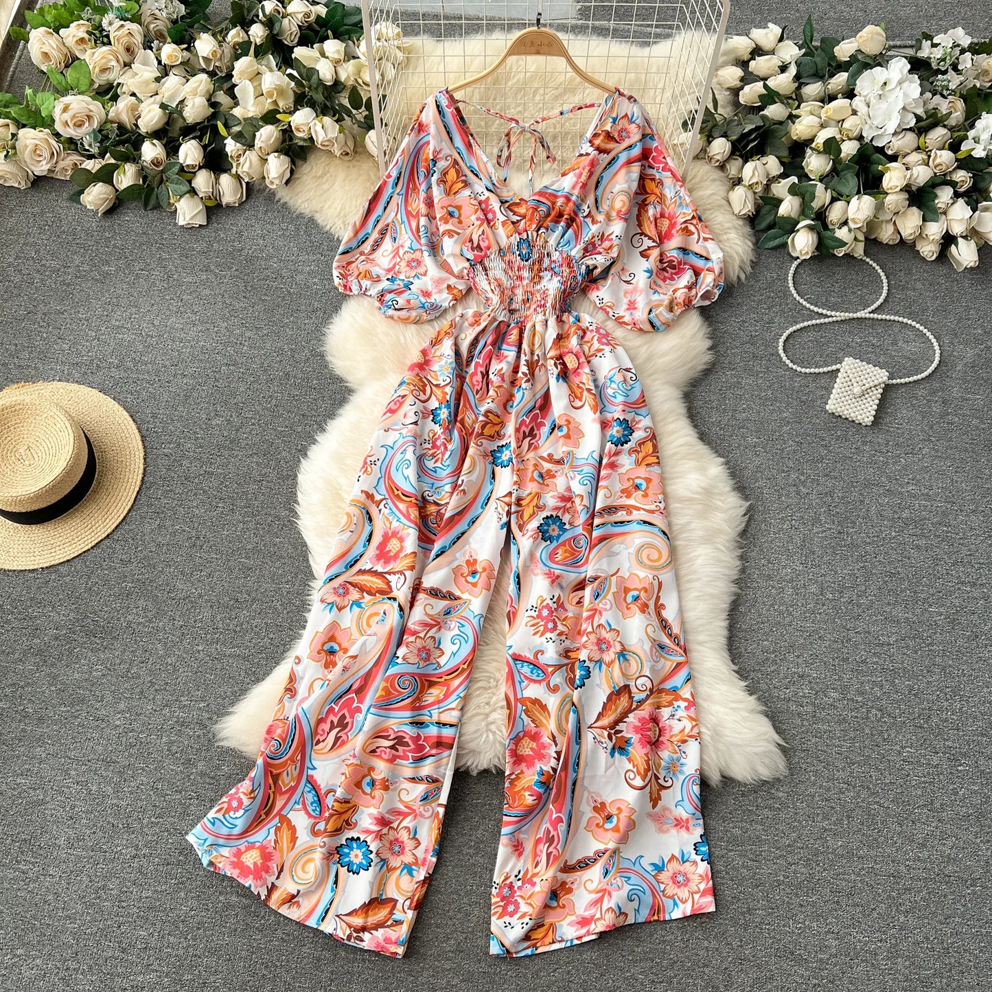V Neck Sexy Dolman Sleeves Waist Slim Floral Print Jumpsuit Women Wide Leg Trousers Jumpsuit