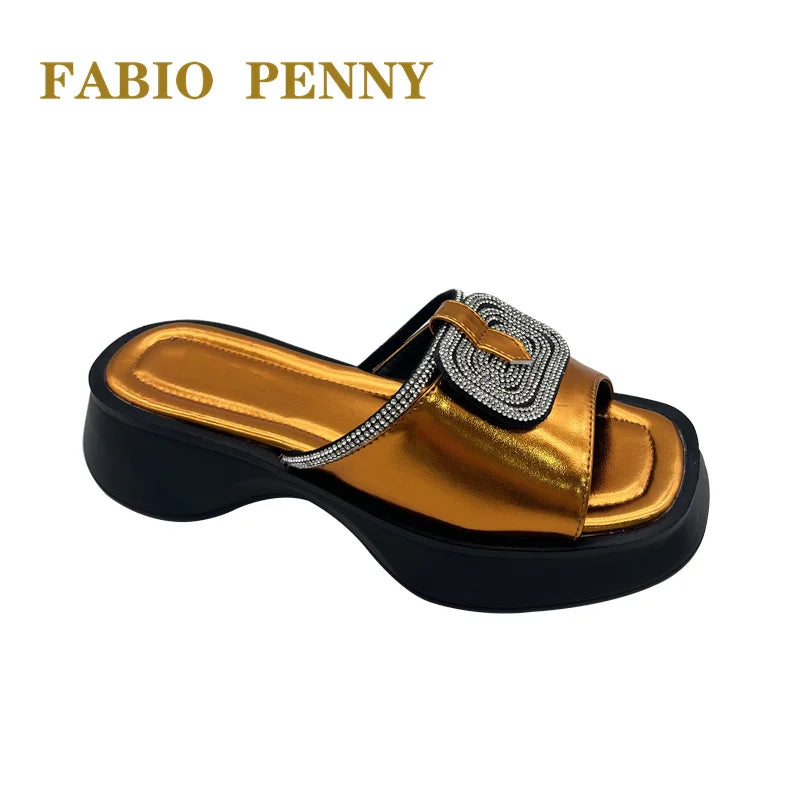 FABIO PENNY2026 new solid-color exquisite water diamond design thick-soled women's fashionable slippers and party sandals