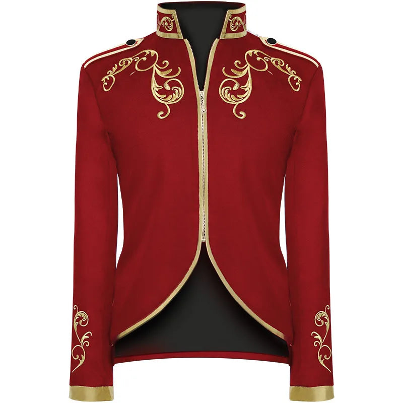 British Style Men Standing Collar Embroidered Suit Jacket Red / Blue Fashion Male Wedding Dance Party Patchwork Dress Coats