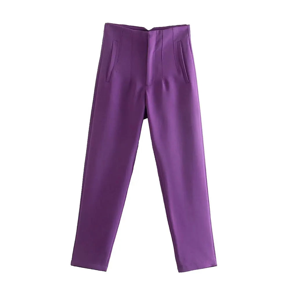 Duoperi Women High Waist Solid Trousers Chic Office Workwear Long Pants