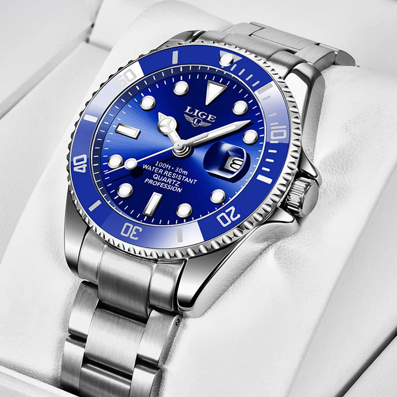 LIGE Top Original Men Quartz Watches Blue Waterproof Watch for Men Stainless Steel Quartz Men Luxury Watch Luminous Wristwatch