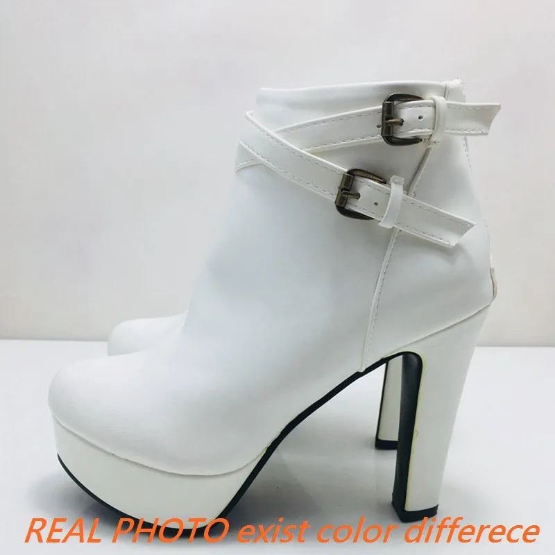 REAVE CAT Size 34-50 Ladies Platform Ankle Boots Party Office Women Fashion 12CM Thick High Heels Buckle Shoes F1484