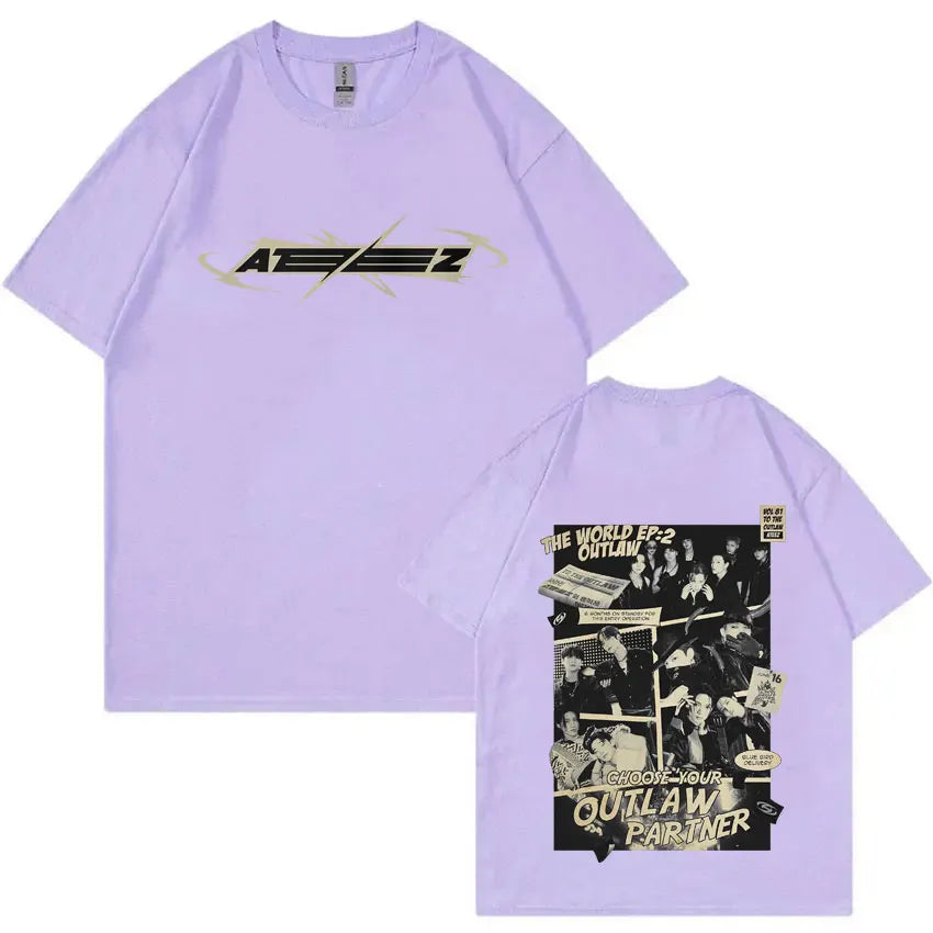 Hot Korean Kpop ATEEZ The World Ep: 2 Outlaw T-shirt 2025 World Tour Towards The Light Will To Power Tshirt Male Fashion Tees