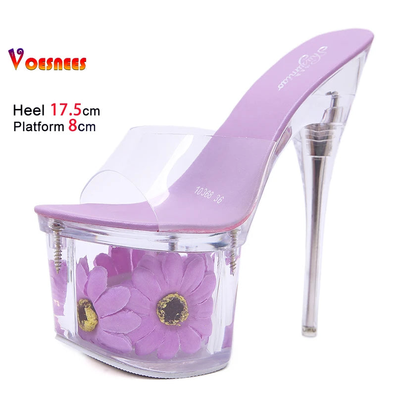 Crystal Transparent Shoes Women 17.5CM Super High Heels Plus Size Nightclub Sandals Clear Thin Heeled Fashion Female Slippers