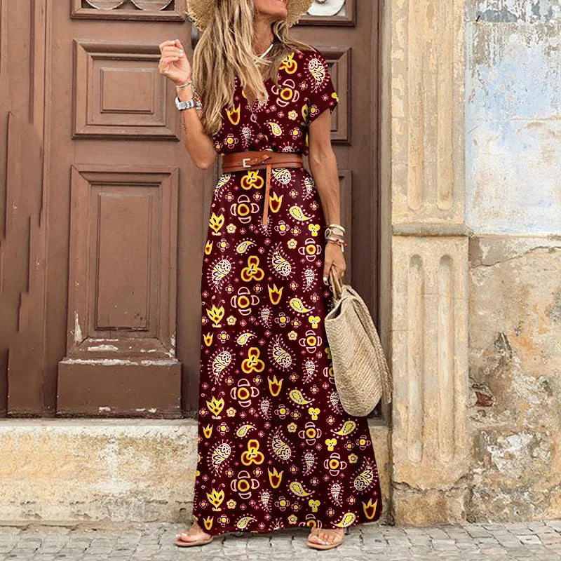 Women Summer Trend Holiday Dress Sexy Casual Elegant V-Neck High Slit Irregular Retro Vintage Print Slim With Belt Midi Dress