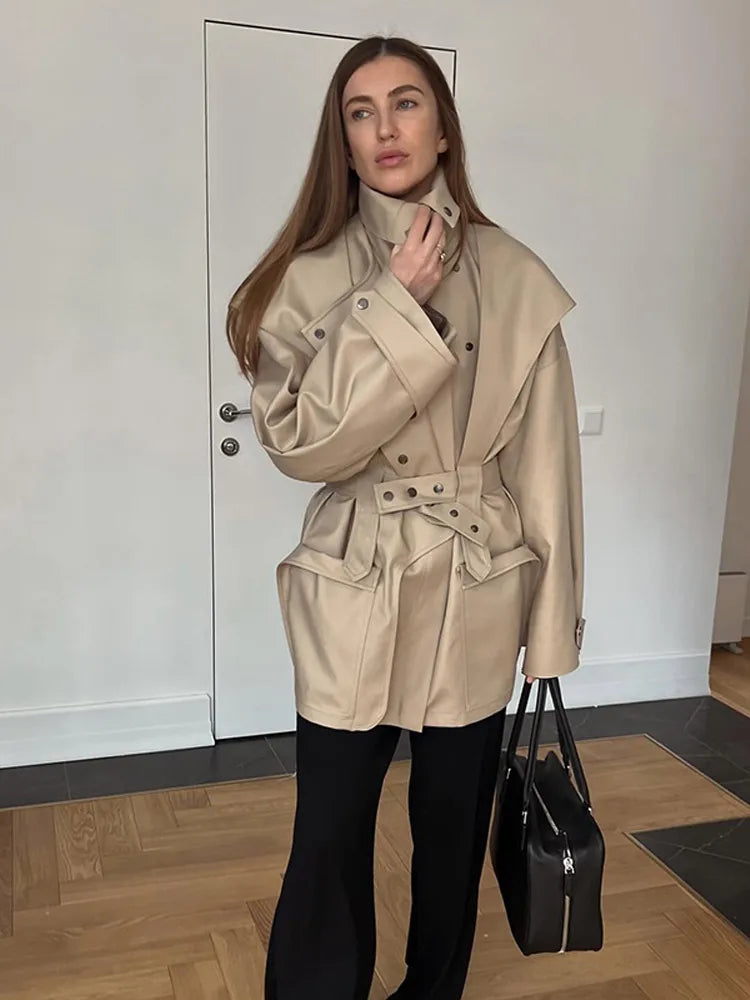 Solid Oversized Tie-waist Cropped Trench Coat Women Drop Shoulder Outerwear 2026 Lady Spring Modern Edgy Fashion Streetwear Coat
