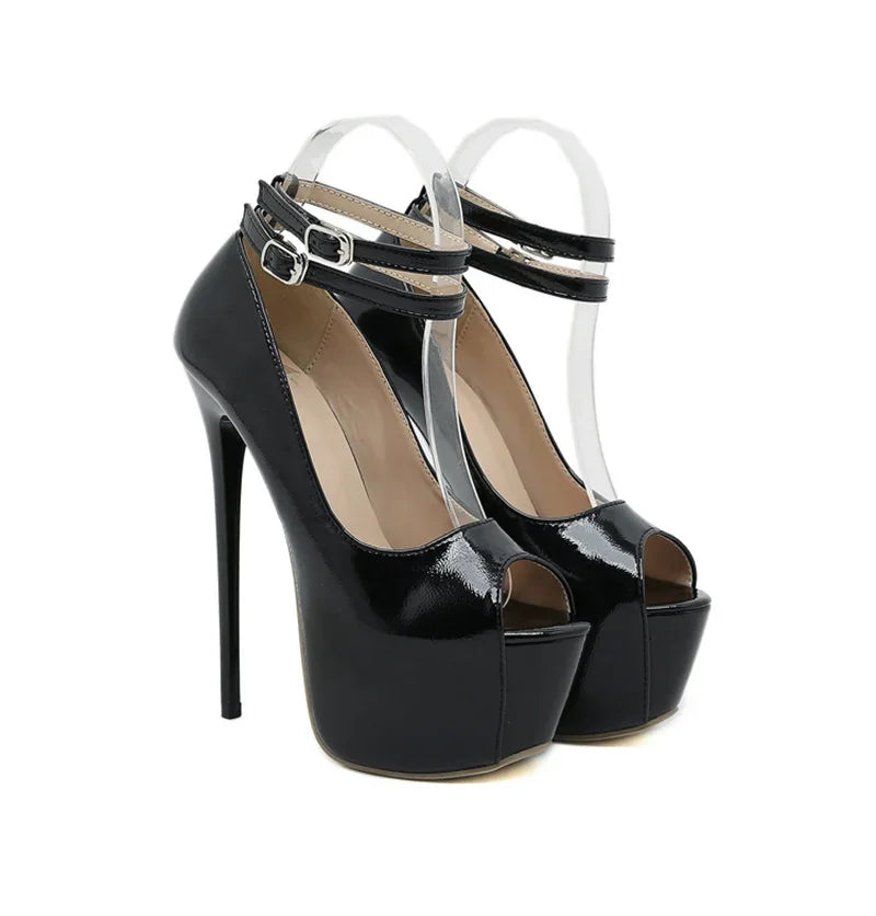 Fashion Design Double Buckle Strap Platform Sandals Women Pumps Sexy Peep Toe 16.5CM Super High Heels Stripper Shoes White