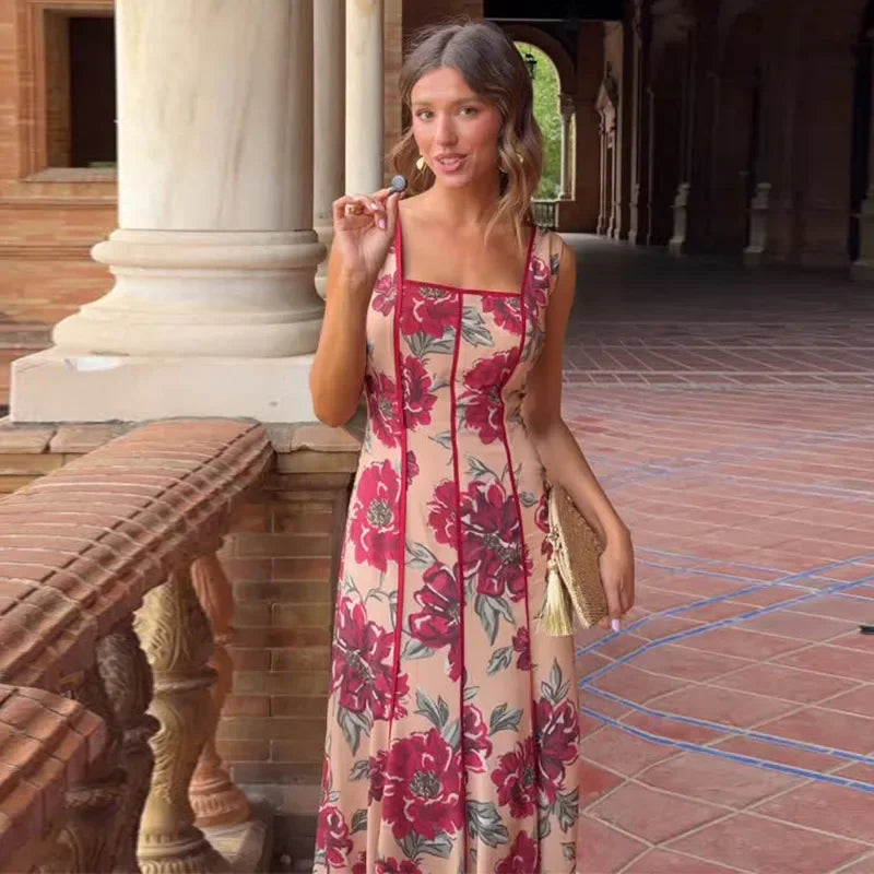 Sexy Printed Flower Long Women's Dress Sleeveless Waist-Closed Slash Neck Lady Dresses Summer Sling Vacation Holiday Robe