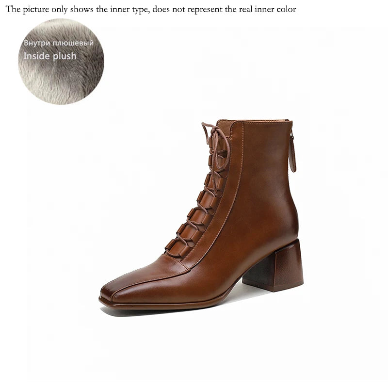 2026 Fashion Women Shoes Split Leather Short Boots Square Toe Chunky Boots Winter Shoes Women Solid High Heel Boots for Women