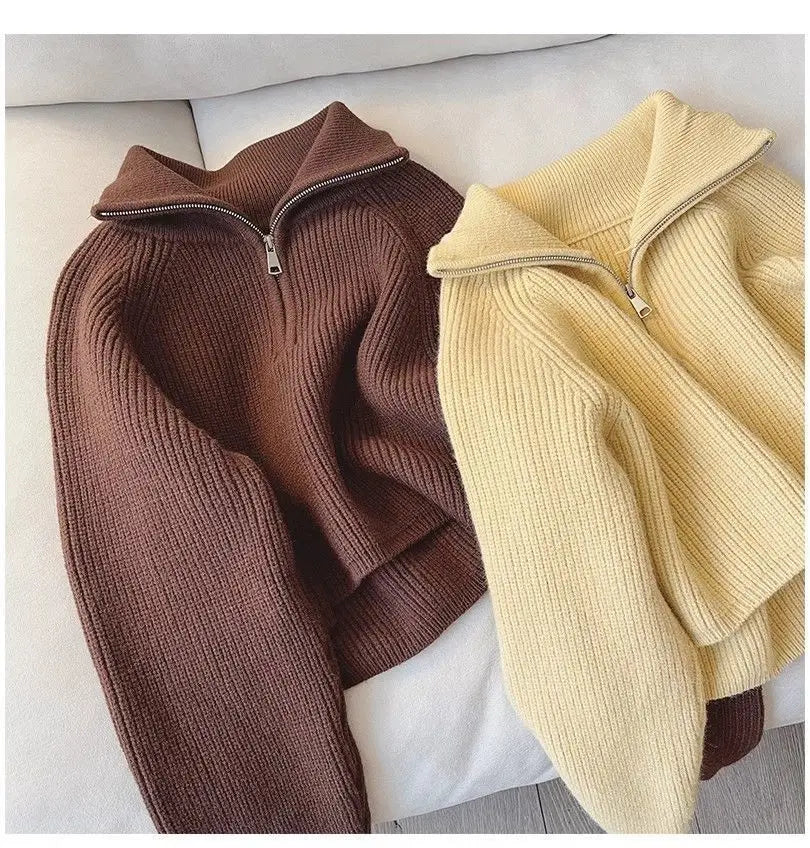 2024 Autumn New Korean Style Versatile Basics Half-zipper Loose Lapel Winter Long-sleeved Lazy Sweater Pullover Top