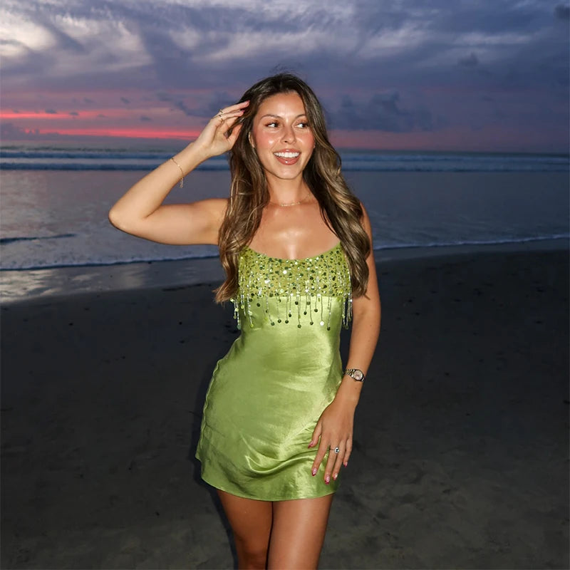 Chic High End Sequin Tassel Satin Dress Women's Elegant Straps Low Neck Mini Vistidos 2026 Stylish Back Zipper Beach Party Gown