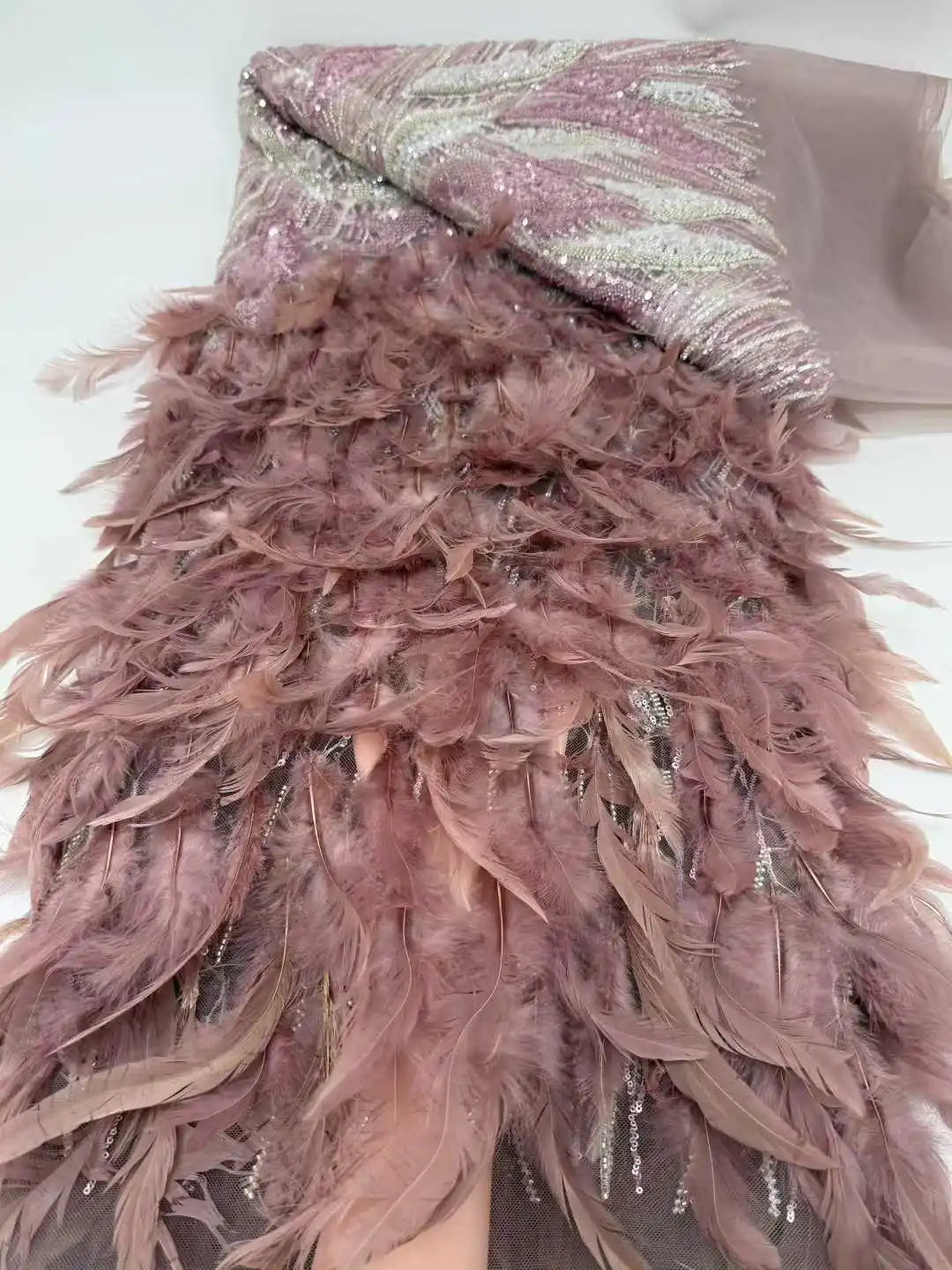 Haute Luxury Handmade 3D Feather Applique Design Fashion African Beaded Net Lace French Fabric Net Lace Evening Dress CC1809