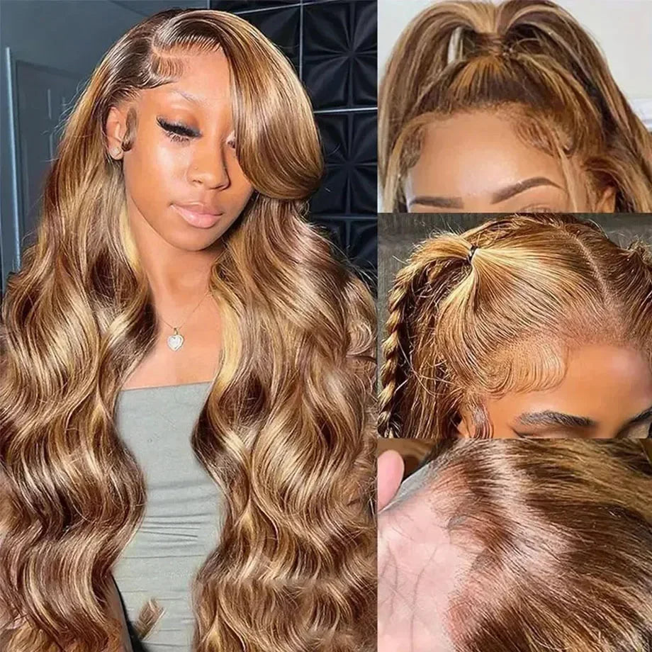 30 40 Inch 4/27 Highlight Body Wave 13x6 Lace Front Wig Brown Color 13x4 HD Lace Frontal Wig Ombre Blonde Human Hair Wig