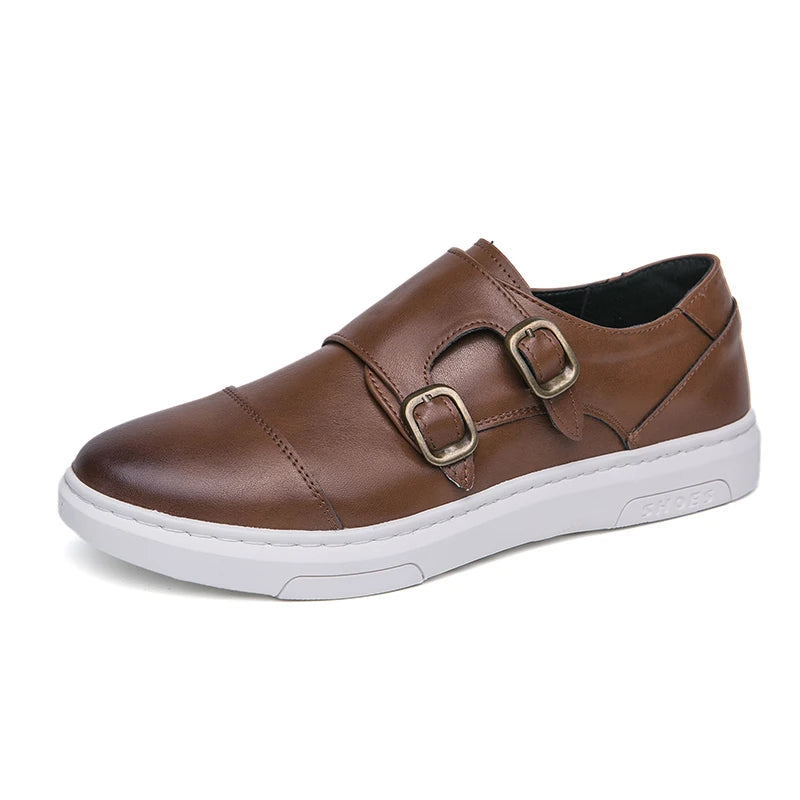 Italy Men Double Buckle Casual Shoes Autumn Leather Loafers Office Shoes for Men Driving Business Comfortable Slip on Shoes Men