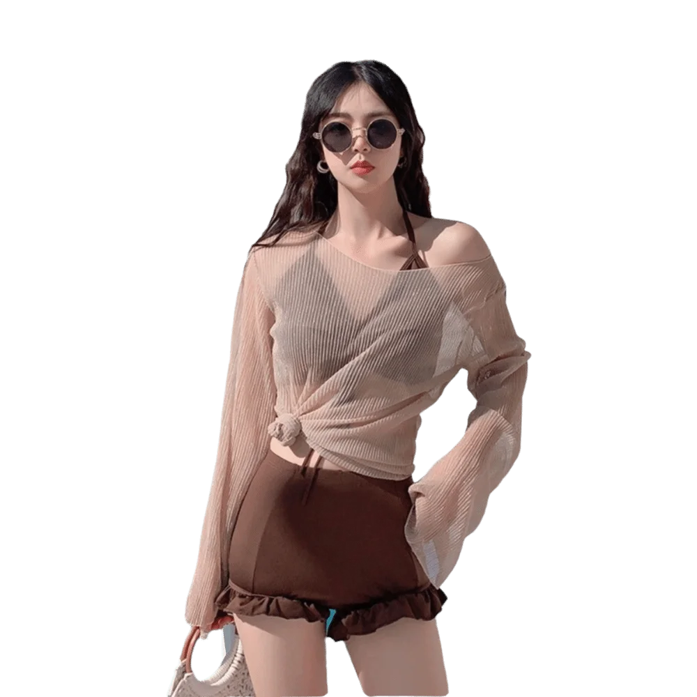 Beachwear Ruffles Bikini Set Transparent Pullover Lace-up Long Sleeve Swimsuit Sun Protection Slim Fit Swimming Suit For Women