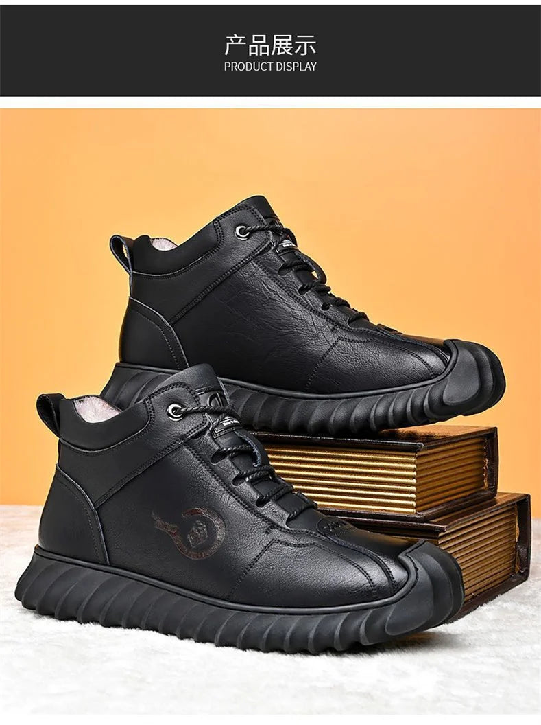 CINESSD New Warm Winter Velvet Men's Snow Boots Non-slip Men's Leather Boots Thick Bottom Dad Shoes