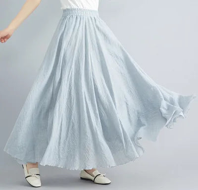 New 2020 Women Linen Cotton Long Elastic Waist Pleated Maxi Skirt Beach Vintage