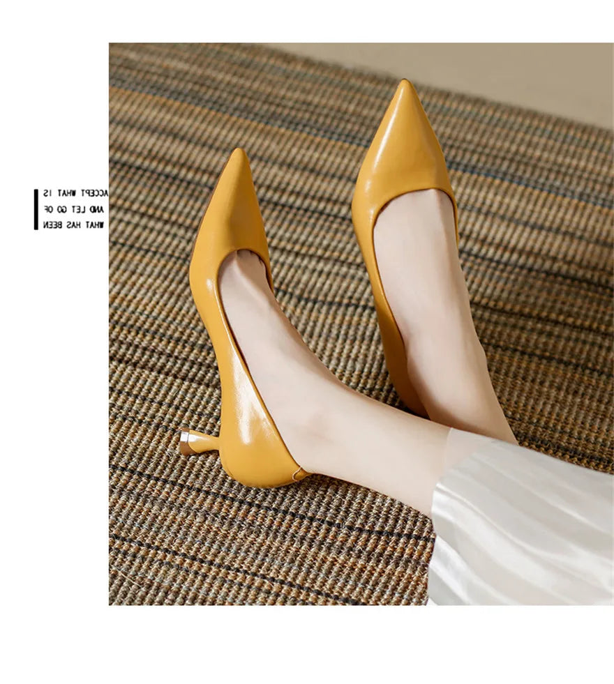 Soft Leather Concise Ladies Office Shoes 2026 Spring Shallow Comfort 6.0cm High Heels Women Pumps Dress Pointy Toe Wedding Shoes