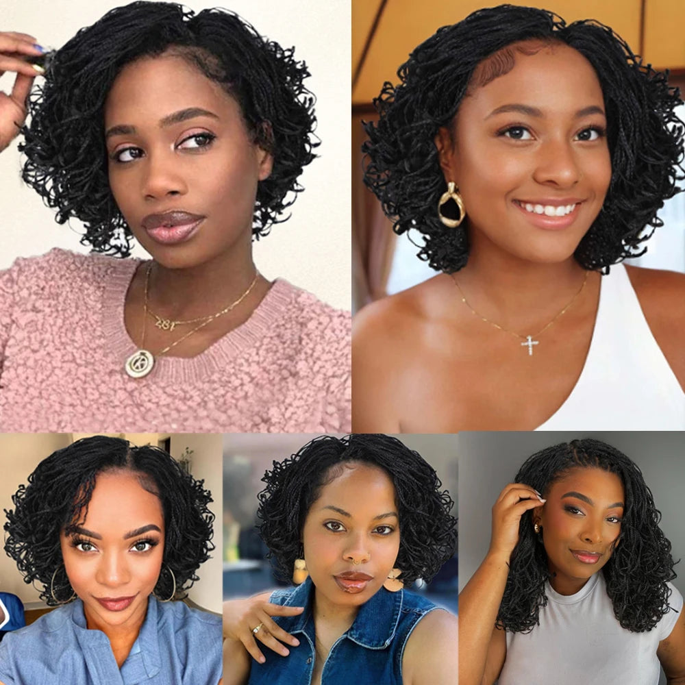 Synthetic Full Lace Front Braid Wig 14inch Curly Faux Locs Black Color Large Parting Space Twist Dreadlock Wigs for Black Women