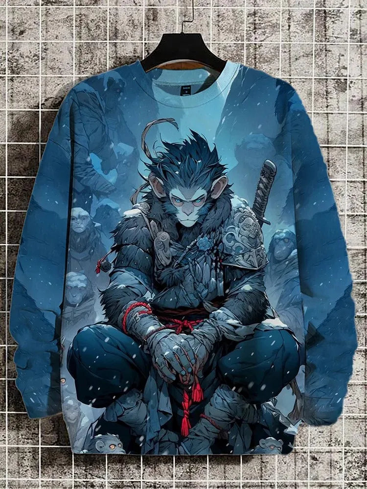 Japanese Fashion Men's Sweatshirt Funny Animal Graphic Ukiyo-e O-Neck Pullover Casual Pullover Tops Regular Fit Polyester Shirt